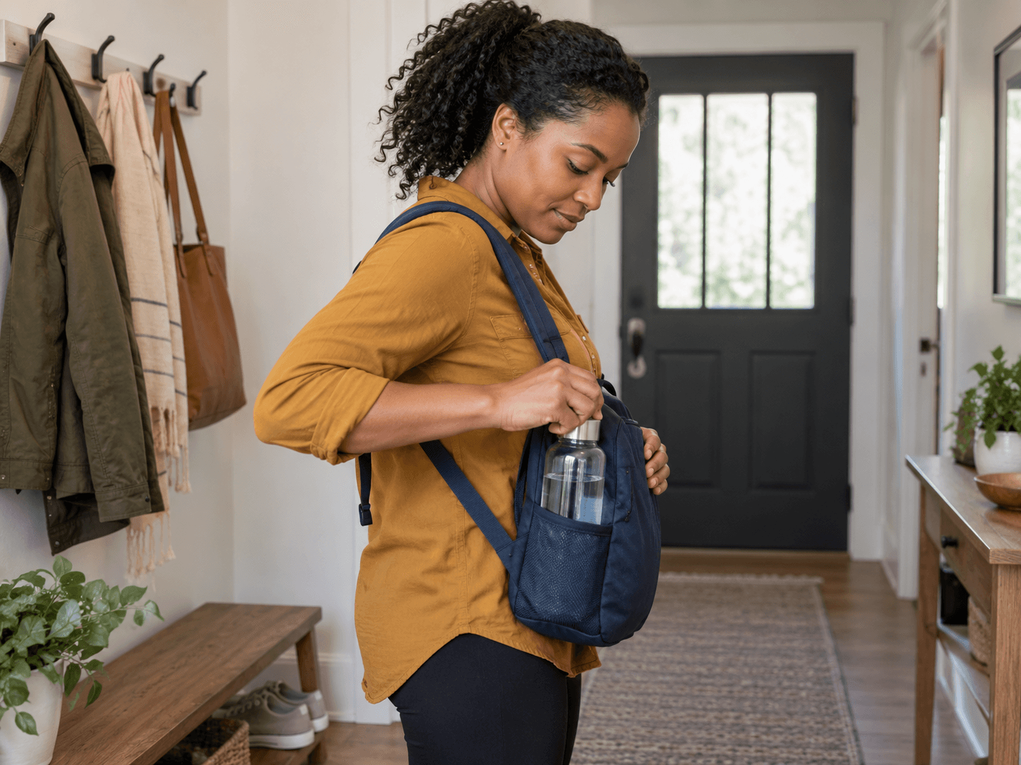 A woman puts a capped water bottle in her bag before going out.