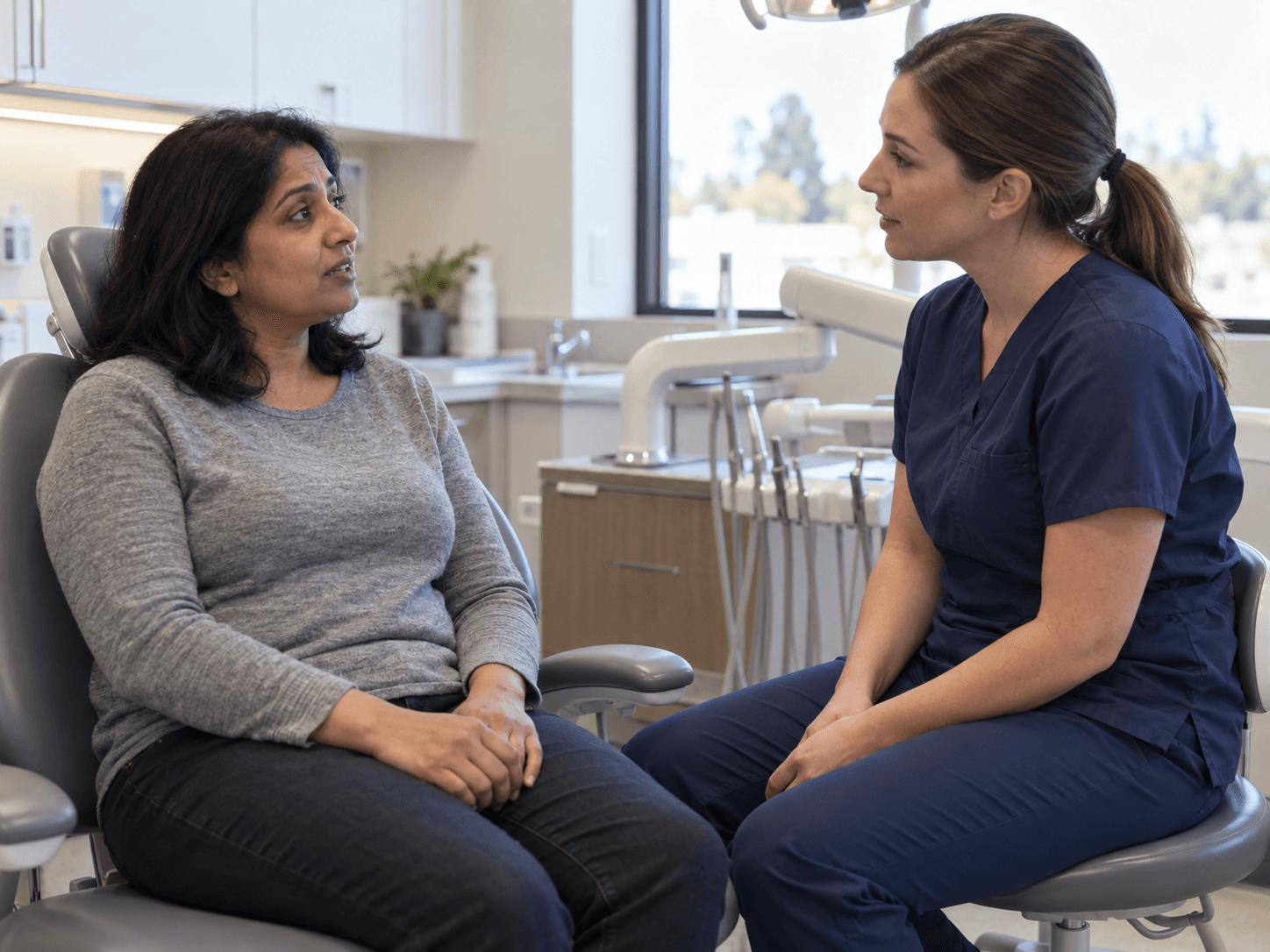 A patient and hygienist discuss aftercare while seated in the clinic.