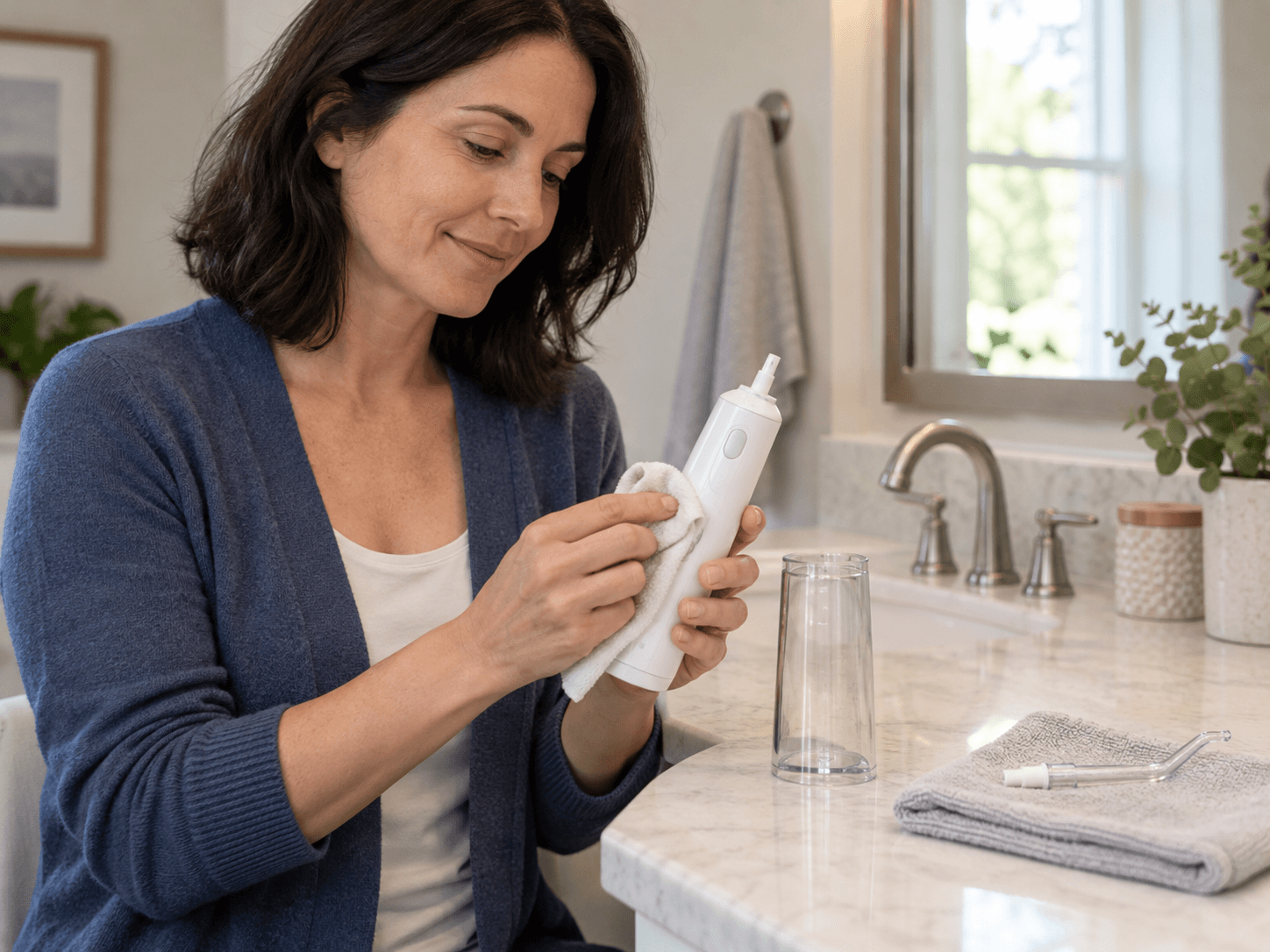 A woman wipes a switched-off water flosser while its removable parts rest beside the sink.