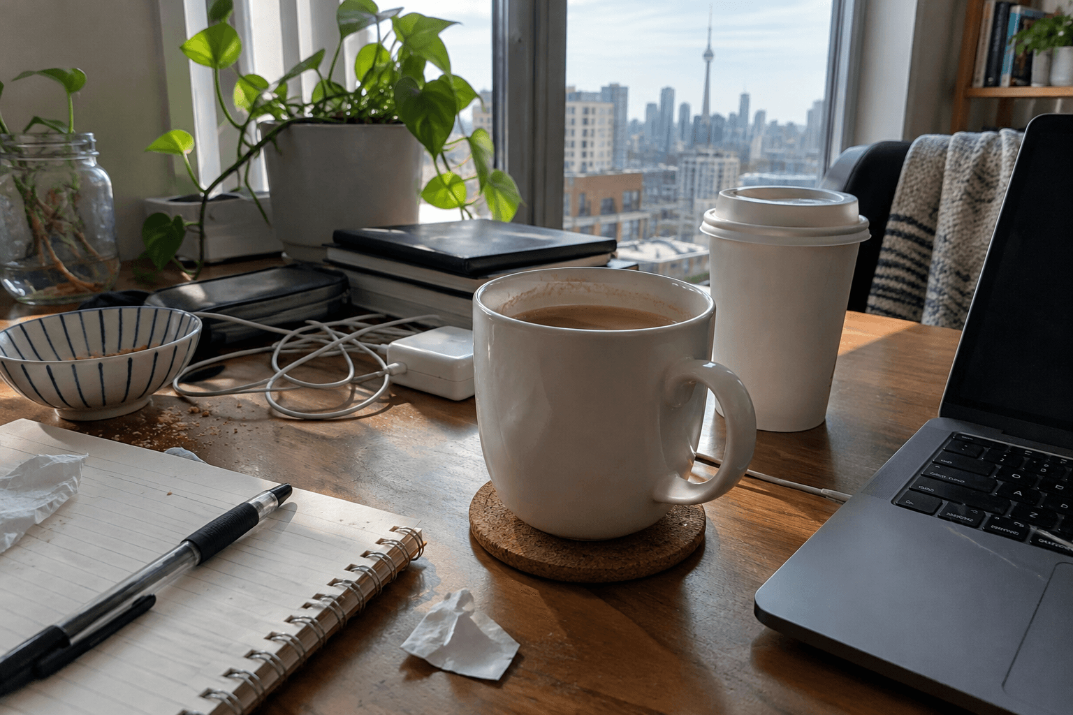 An unfinished milky coffee beside a laptop, notebook and tangled charging cable.