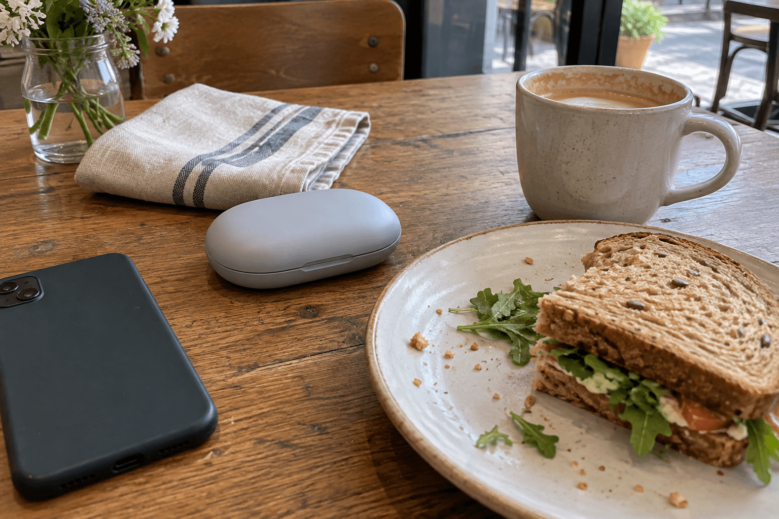 A closed aligner case beside a sandwich and coffee on a cafe table.
