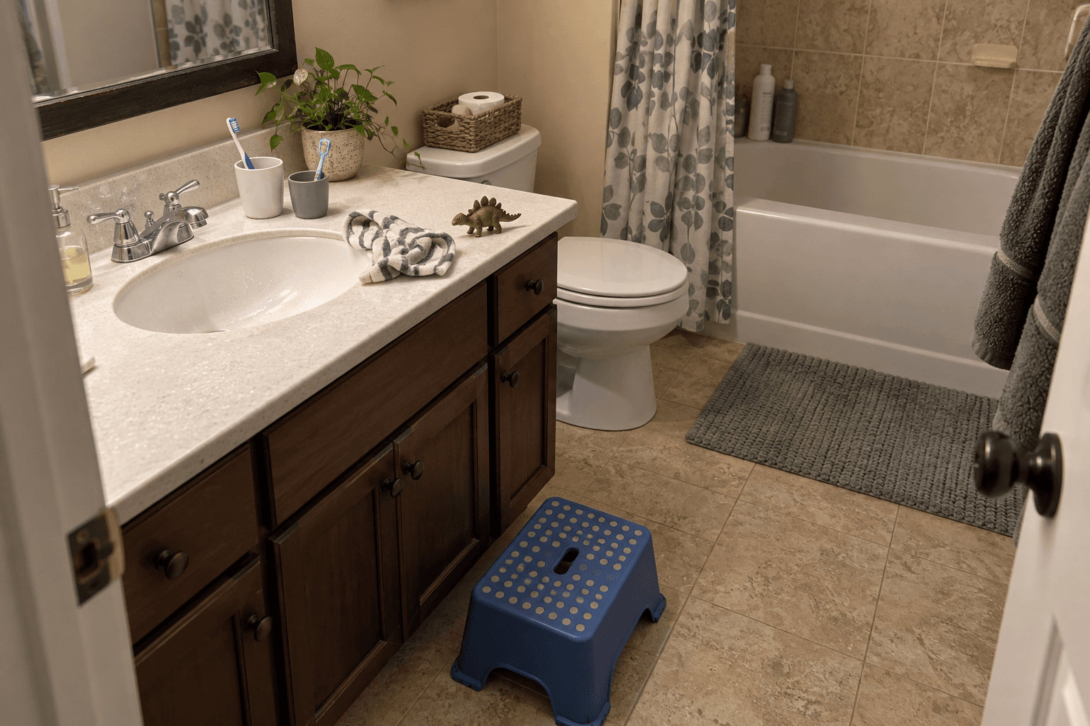 A small blue step stool and separate toothbrush cups in a family bathroom.