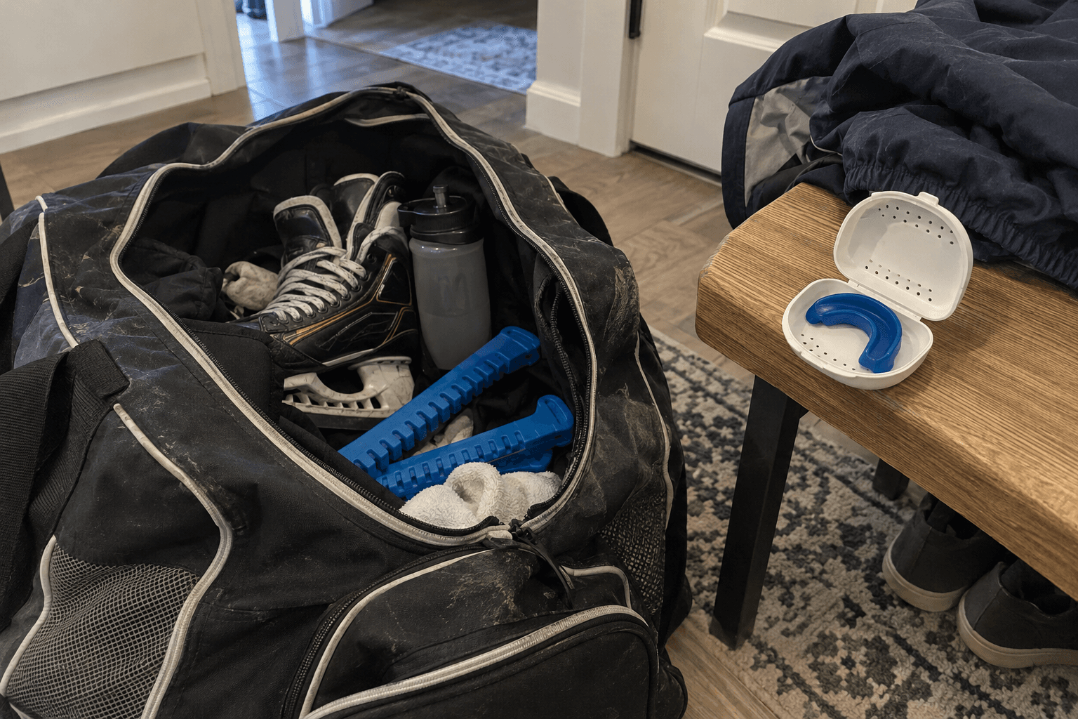 A blue sports mouthguard in an open case beside a worn hockey bag and skates.