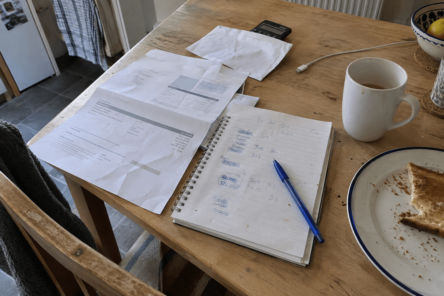 A calculator and paperwork spread across a kitchen table.