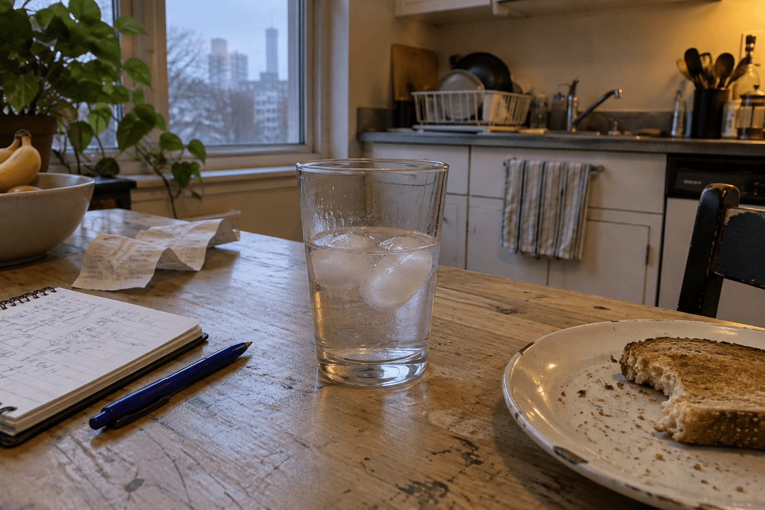 A glass of cold water beside toast and a notebook in a lived-in kitchen.