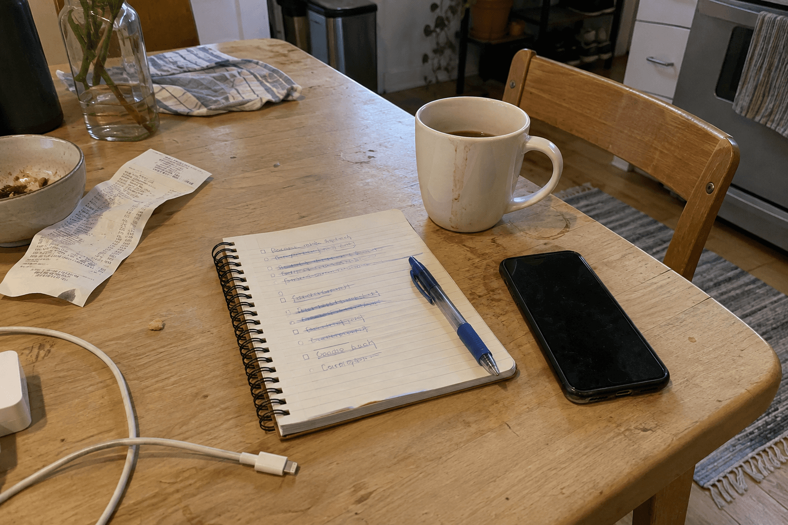 A notebook, phone and coffee on an ordinary kitchen table.