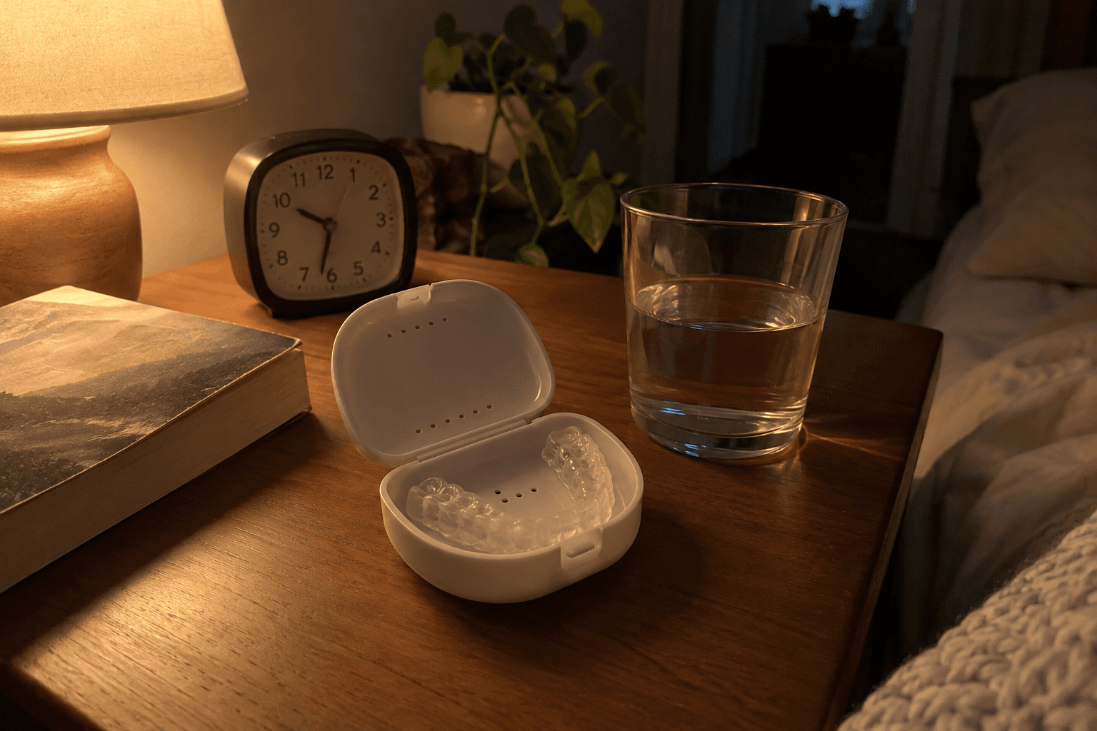 A single clear nightguard in an open case beside a bedside water glass.
