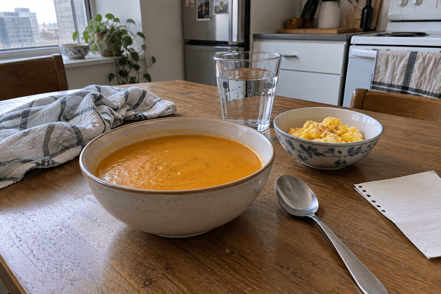 A bowl of smooth soup, scrambled eggs and a glass of water on a kitchen table.