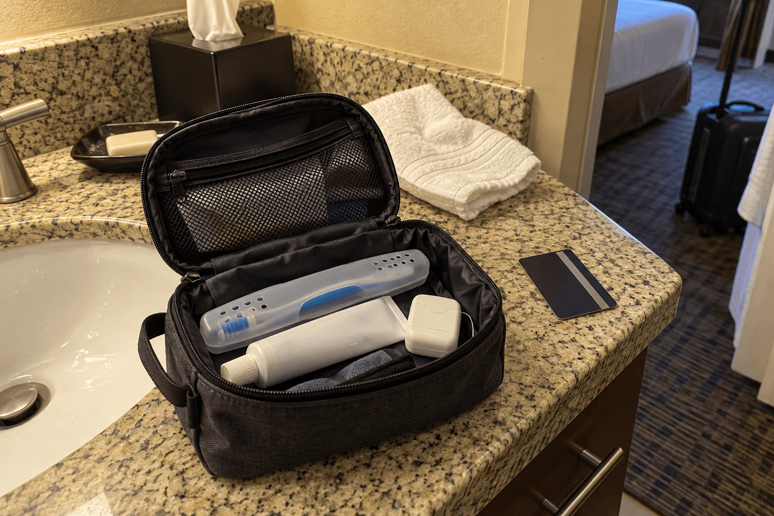 A toothbrush, toothpaste and floss packed in a toiletry bag on a hotel counter.