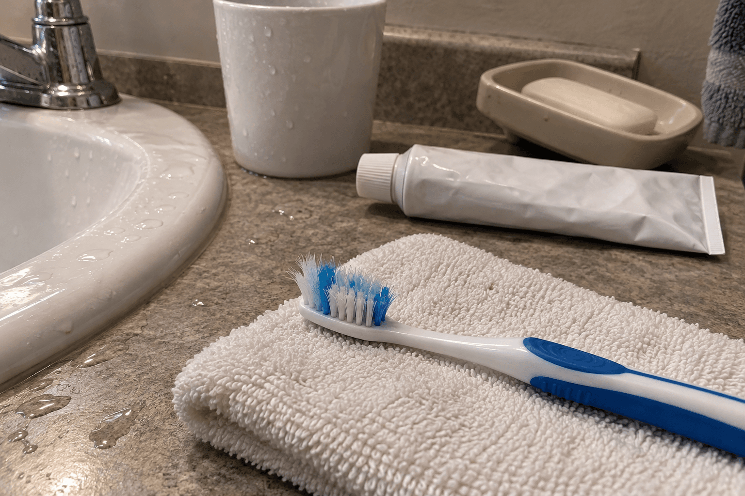 A toothbrush with splayed bristles resting on a washcloth by a bathroom sink.